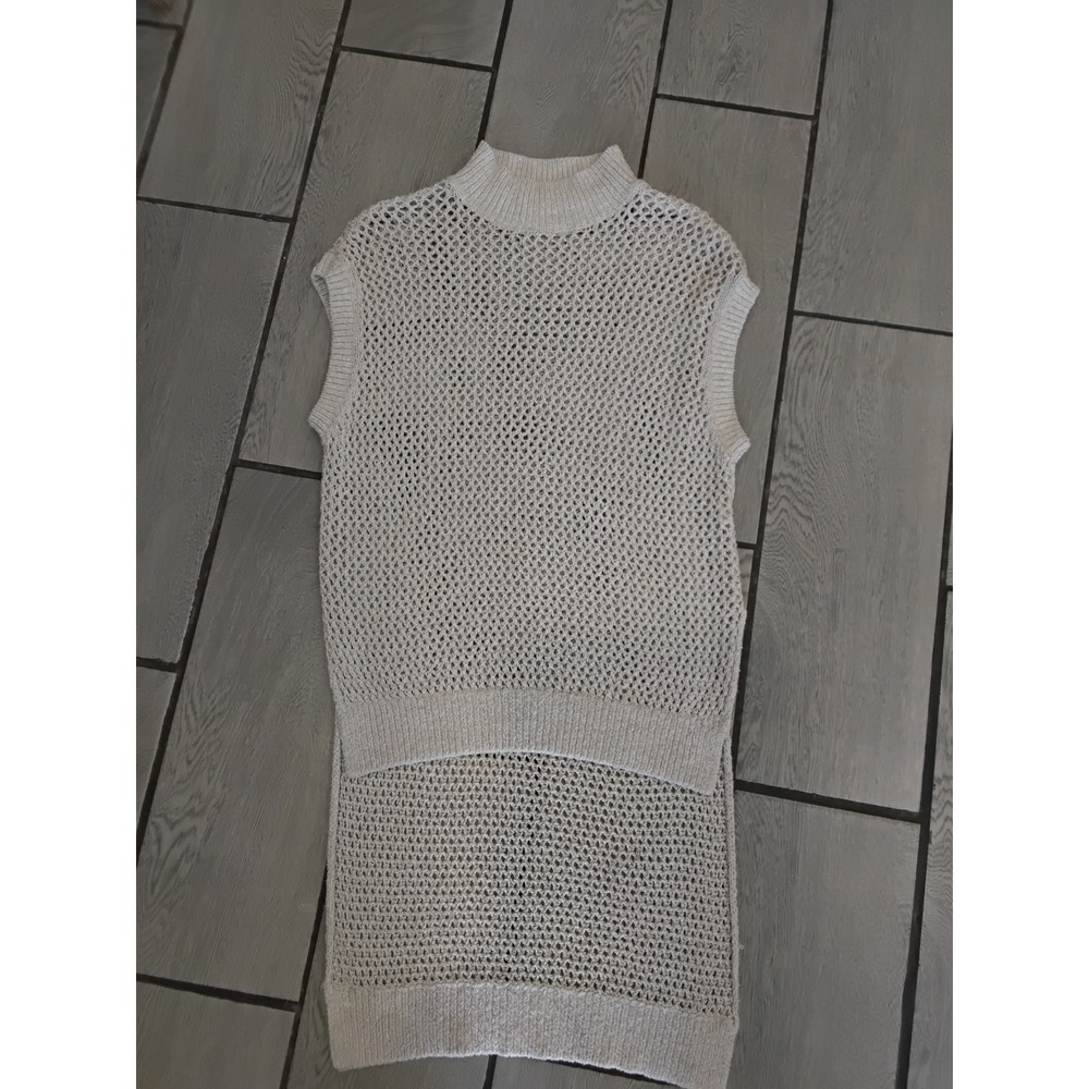 Free People Sleeveless Open Knit Mock Neck Tunic Sweater Beige Metallic Small